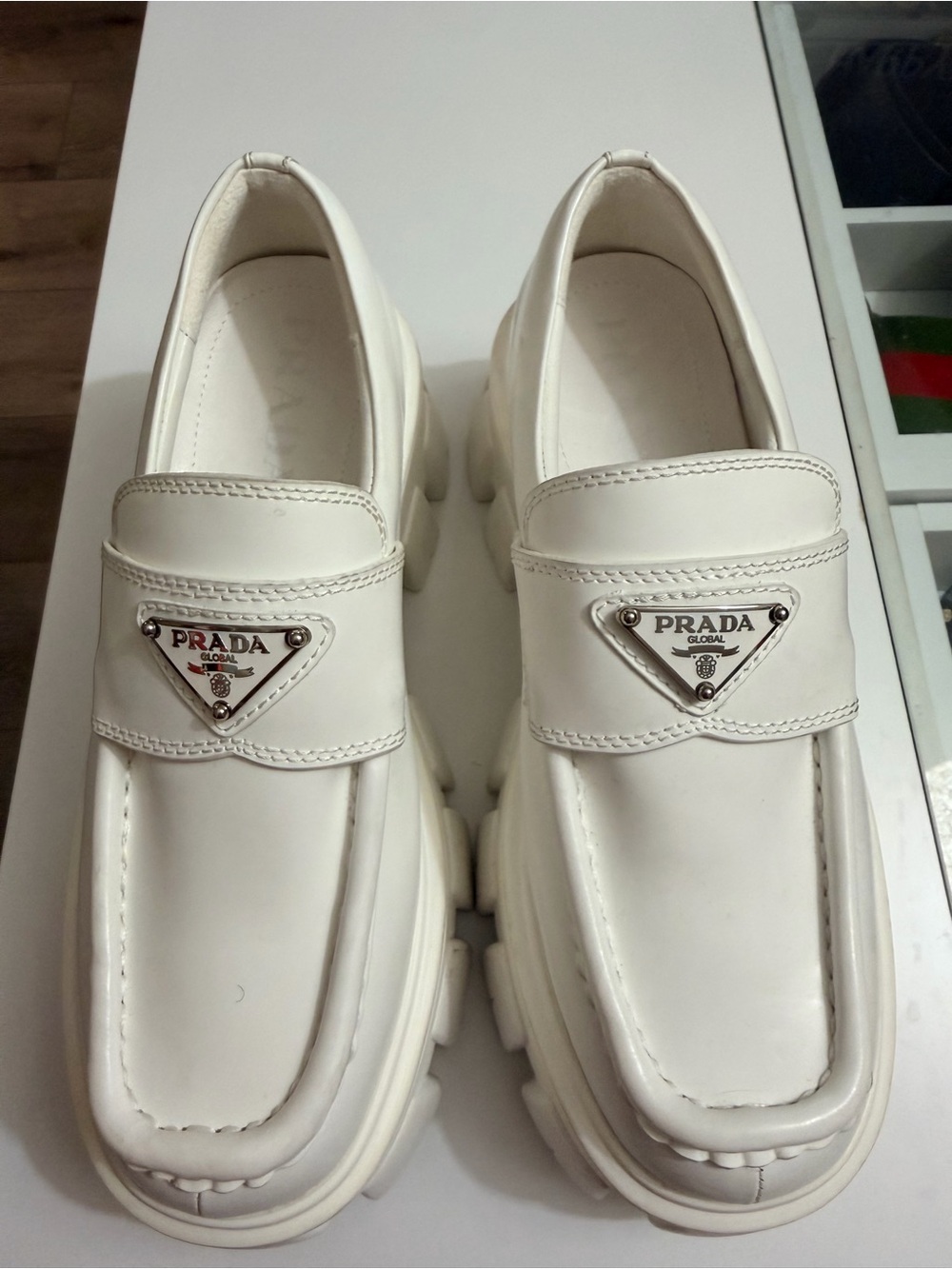 Prada White Leather Chunky Platform Loafers